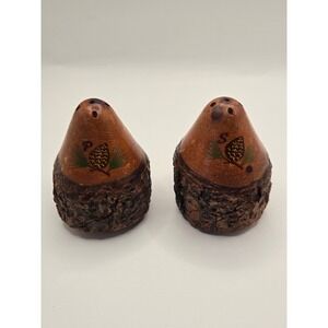 Vintage Rustic Wood Bark Salt and Pepper Shakers Pinecone Cabin Decor Set
